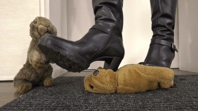 Cuddly toys used as a doormat and crushed