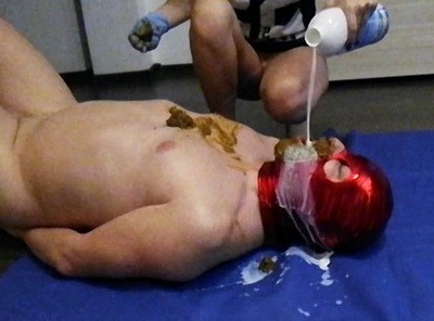 Swallowing huge turds - side angle mobile recorded
